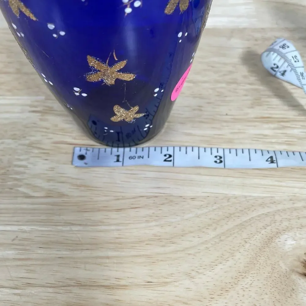 Vintage Signed Moser Art Glass Cobalt Blue Vase Gold Gilt Good Condition